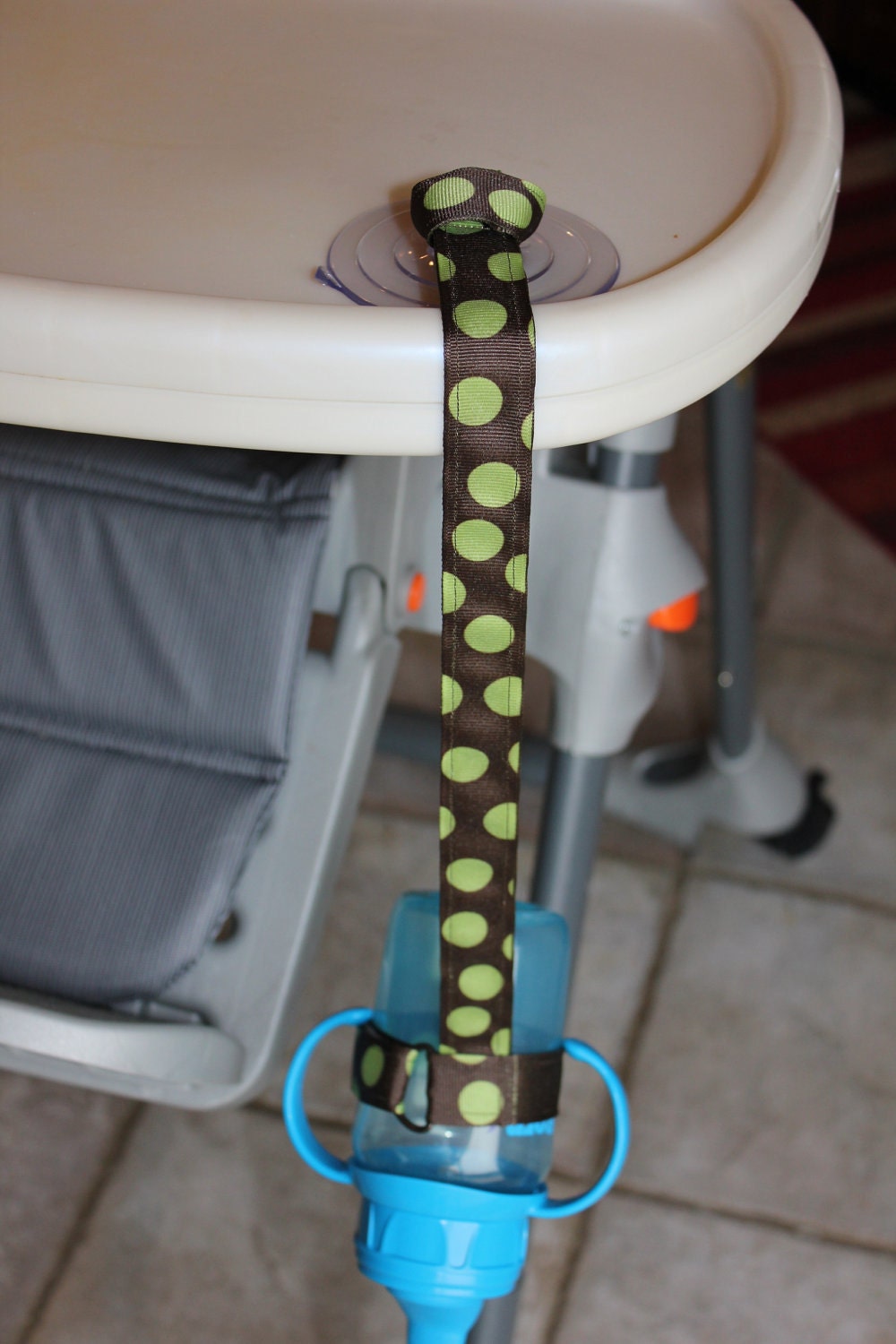 Bottle Tether, Toy Tether, Sippy Strap with Suction Cup-Green Polka Dots