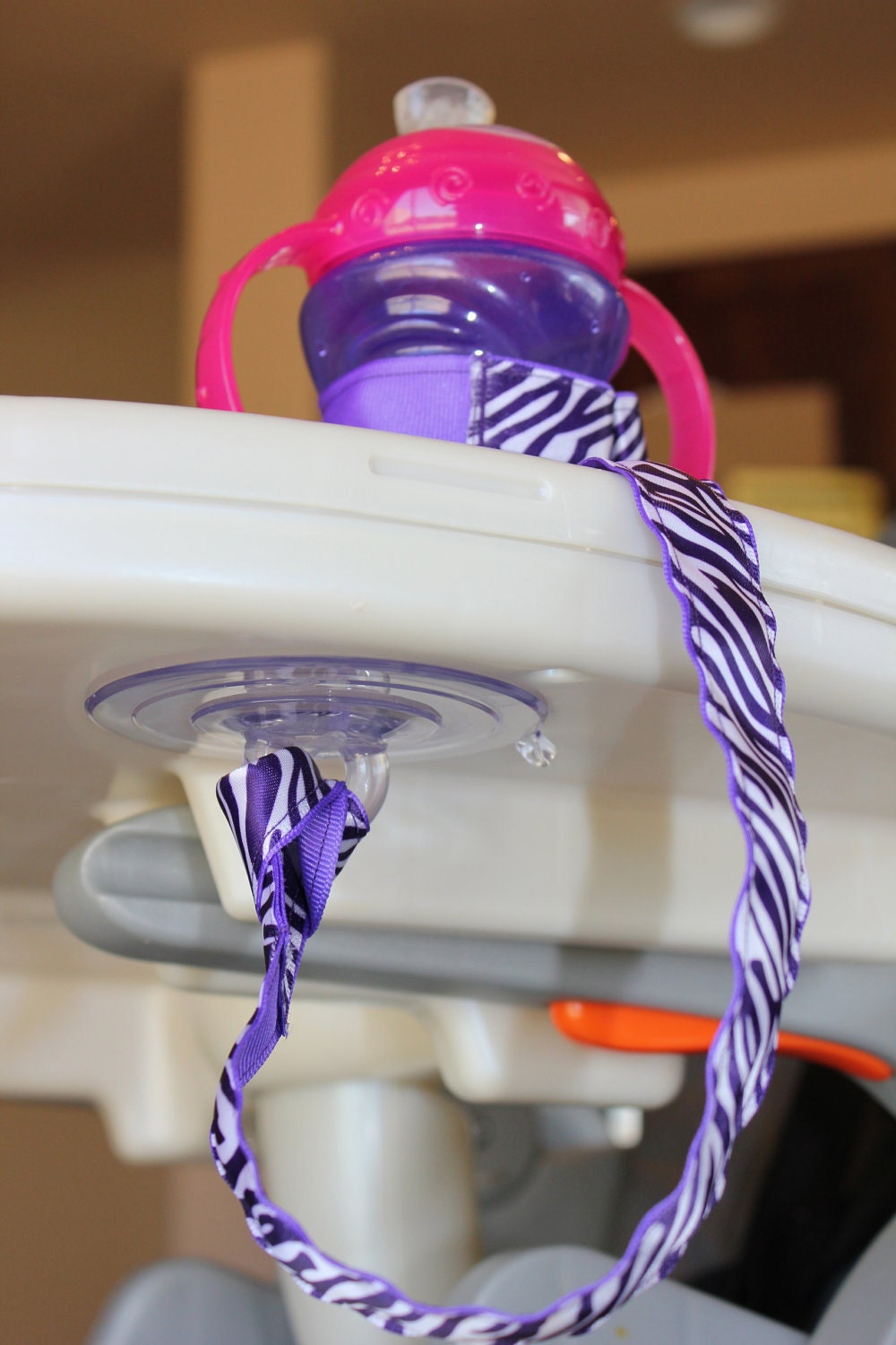 Bottle Tether, Toy Tether, Sippy Strap with Suction Cup- Purple & White Zebra