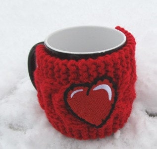 Red heart Mug Cozy, Cup Cosy, Mug Warmer knitted, red color - Gift for Mom