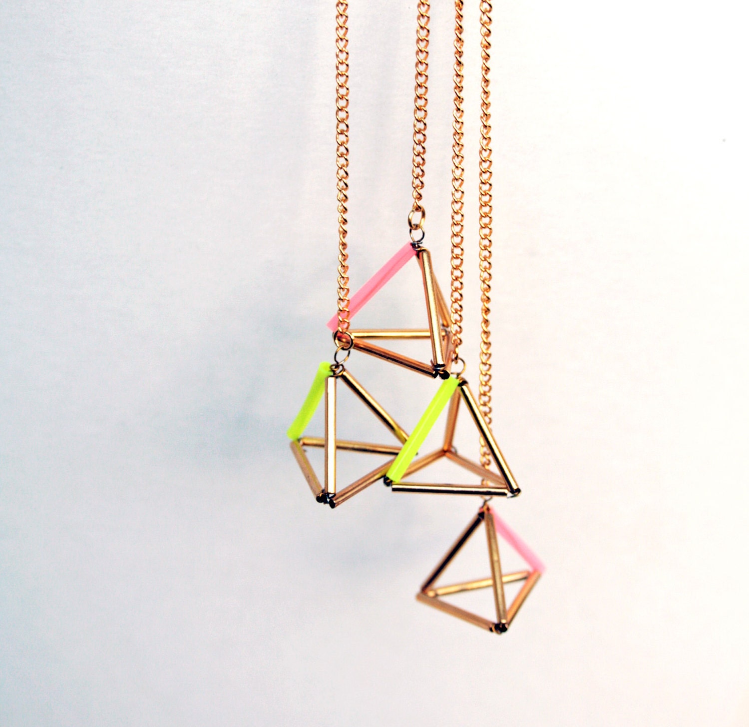 Geometric triangle pyramid pink and gold duster earrings, dangle earrings