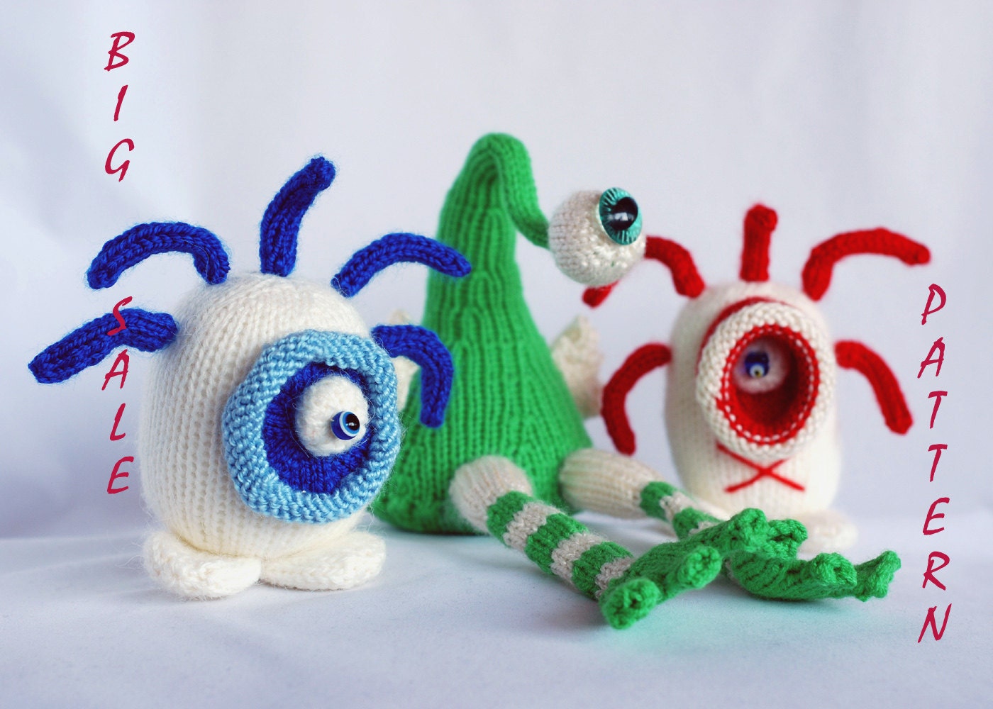 SALE - THREE MONSTERS:Red, green and blue eyes sweet and funny monsters pdf pattern