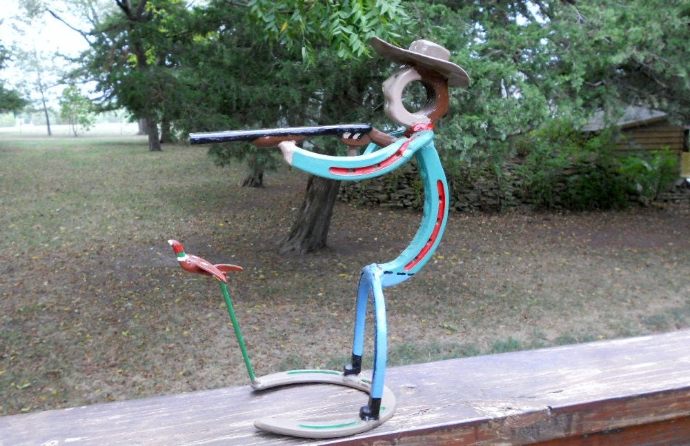Metal Sculpture Pheasant Hunter Horseshoe Sculpture Yard Art Garden Art Outdoor Indoor