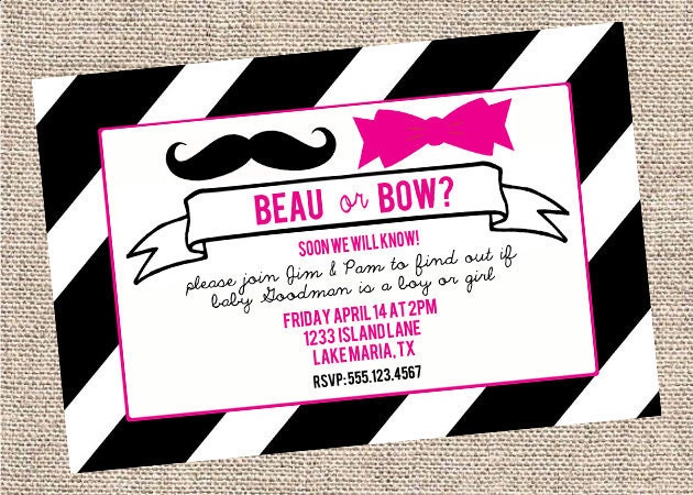 Gender Reveal Party Invitations: Beau or Bow- Custom Colors Available