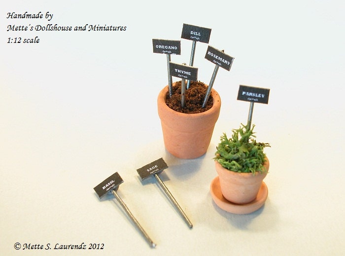 Dollhouse Garden Miniature Herb Tags  1:12  - 'Chalkboard & Zinc - 7 different herbs - ENGLISH TEXT (PT3)