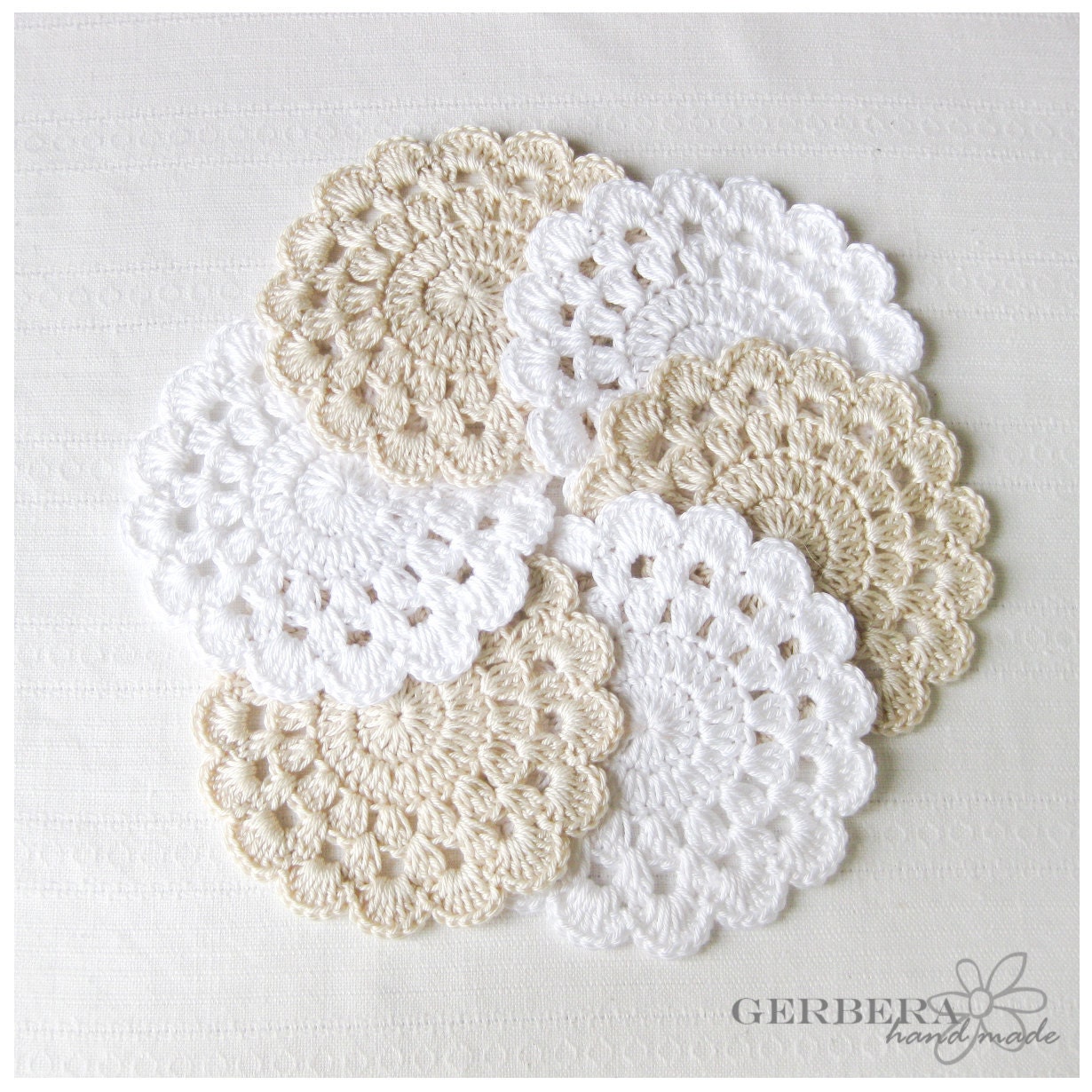 Pastel Crochet Coasters/Doilies of natural color Set of 6 - beige ecru and white color - cotton 4" 10cm READY TO SHIP - GerberaHandmade