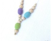 Crochet Nursing necklace for baby  - blue apple green and lilac - cotton wood bead READY TO SHIP