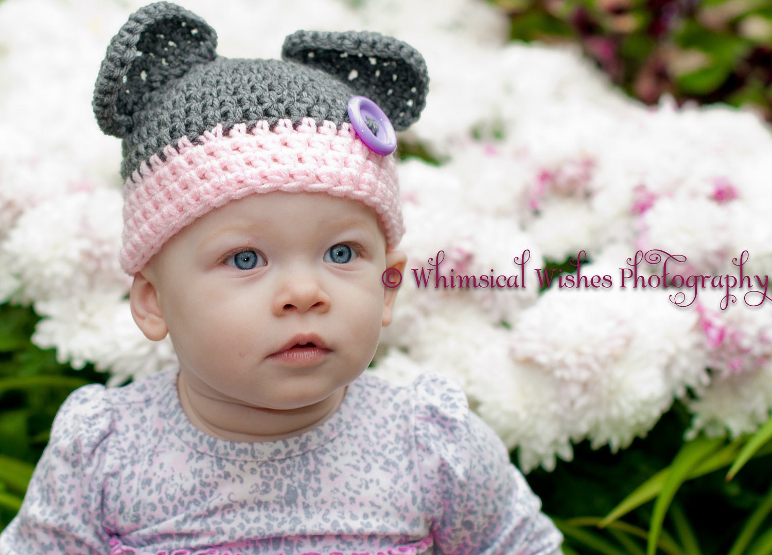 Crochet Pink Grey Baby Mouse Ears Hat Boy Girl Newborn Infant Toddler Beanie with Button Photography Prop