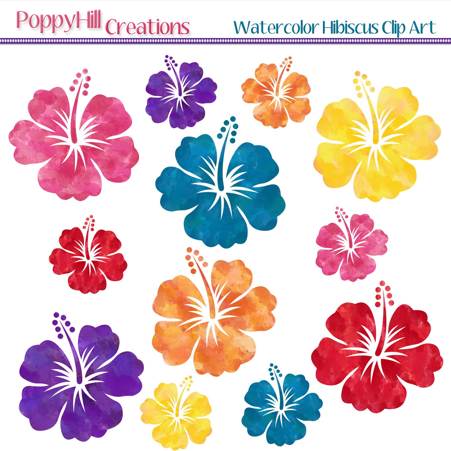 Watercolor Hibiscus Digital Clip Art - Red, Yellow, Orange, Pink, Purple, Teal - For Personal and Commercial Use - Digital Designs