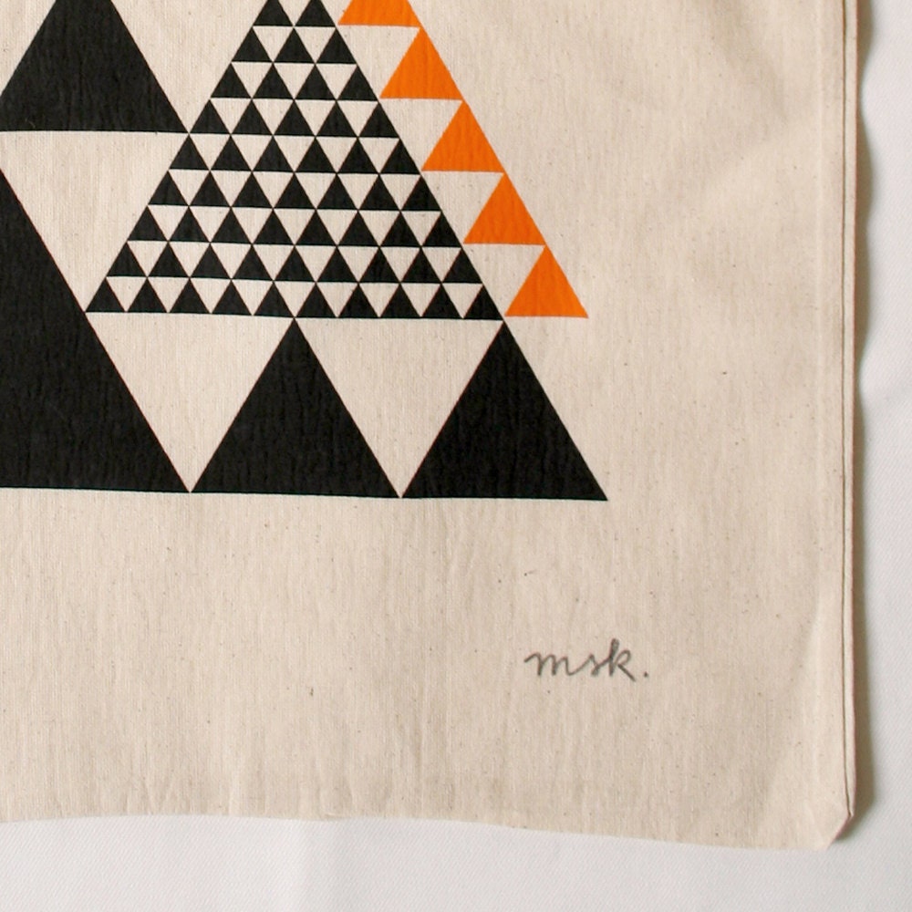 Form Follows the Rules of Geometry: Equilateral Triangles Composition with accents in orange // canvas tote, handmade, screenprint
