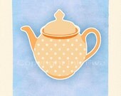 Tea Party. Modern kitchen wall decor. Nursery print. Housewares art blue cream illustration. A4 image fits 8x10 inch frame opening.