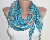On Sale. Mothers Day. Turquoise Blue Scarf. Headband. Spring and Summer Scarf. Floral pattern.