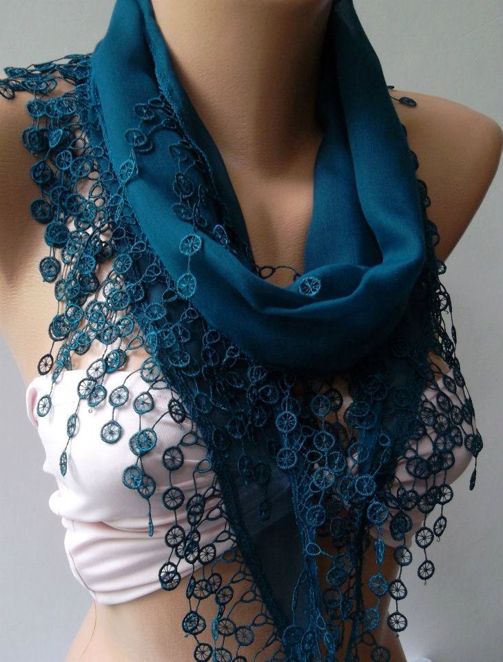 Dark Blue- Elegance Shawl / Scarf with Lace Edge