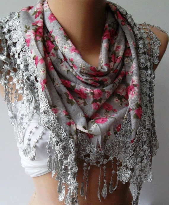 Grey - flowered - Elegance  Shawl / Scarf with Lacy Edge