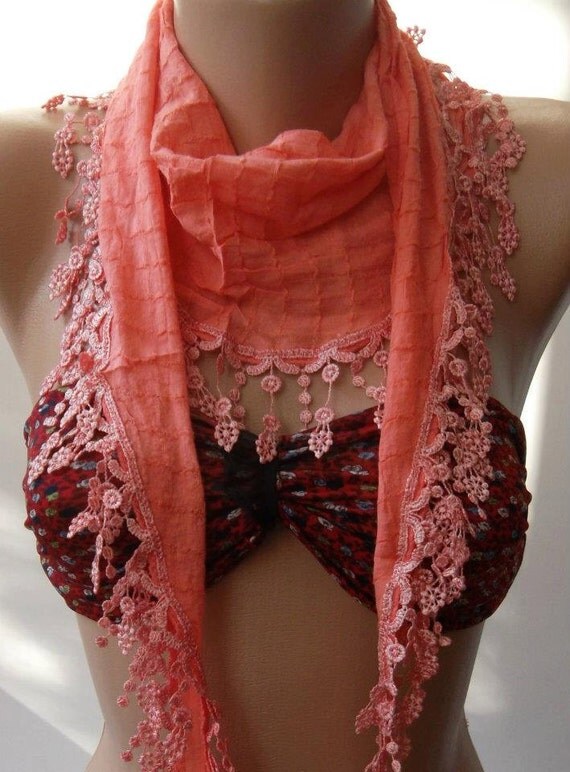 Salmon Pink - Elegance Shawl / Scarf with Lace Edge