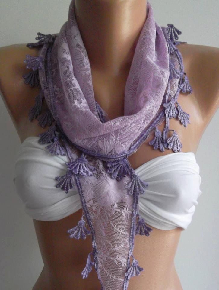 ON SALE  Lilac Scarf  with Lacy Edge