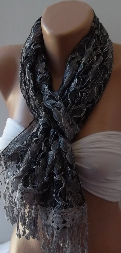Grey - Elegance Shawl / Scarf with Lacy Edge
