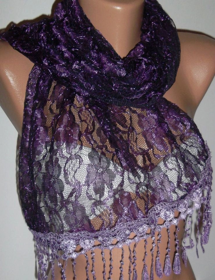Purple - Elegance  Shawl / Scarf with Lacy Edge