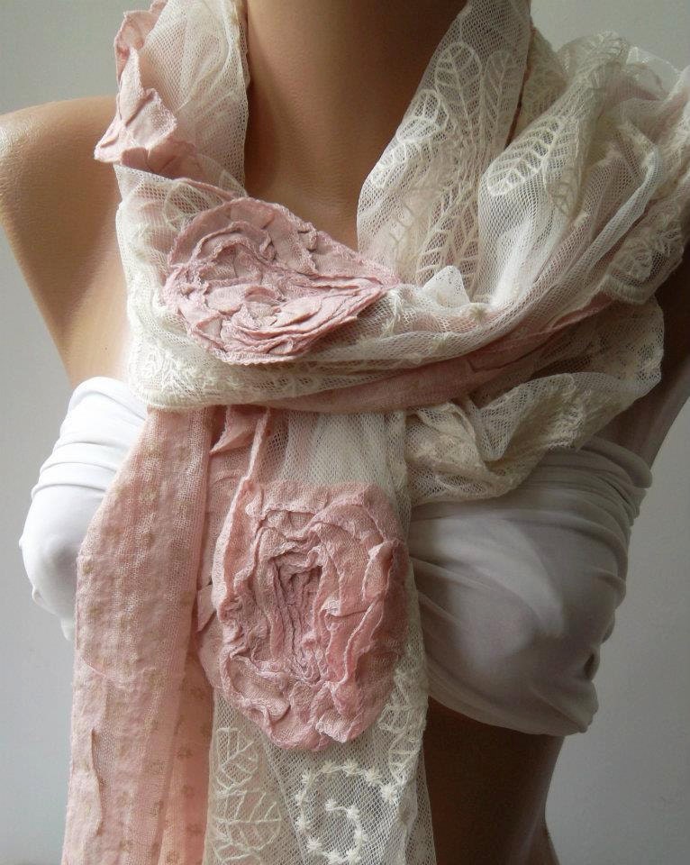 pink Cotton Rose Shawl/ Scarf - Headband -Cowl with Lace Edge