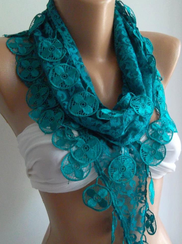 Turquoise / Elegance  Shawl / Scarf with Lacy Edge-