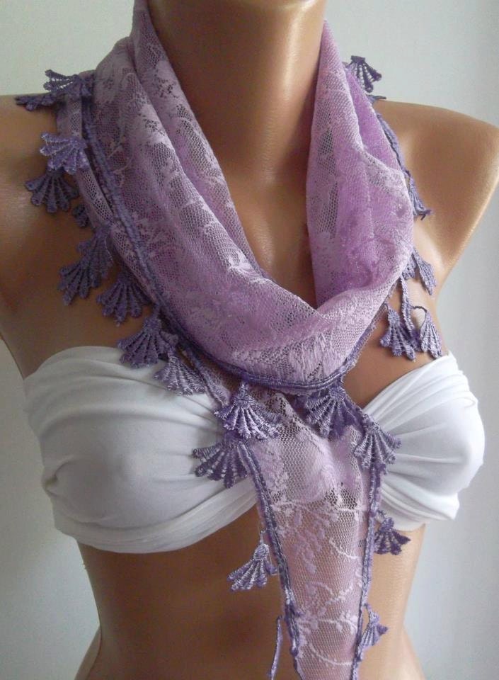 ON SALE  Lilac Scarf  with Lacy Edge