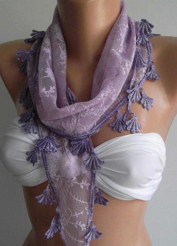 ON SALE  Lilac Scarf  with Lacy Edge