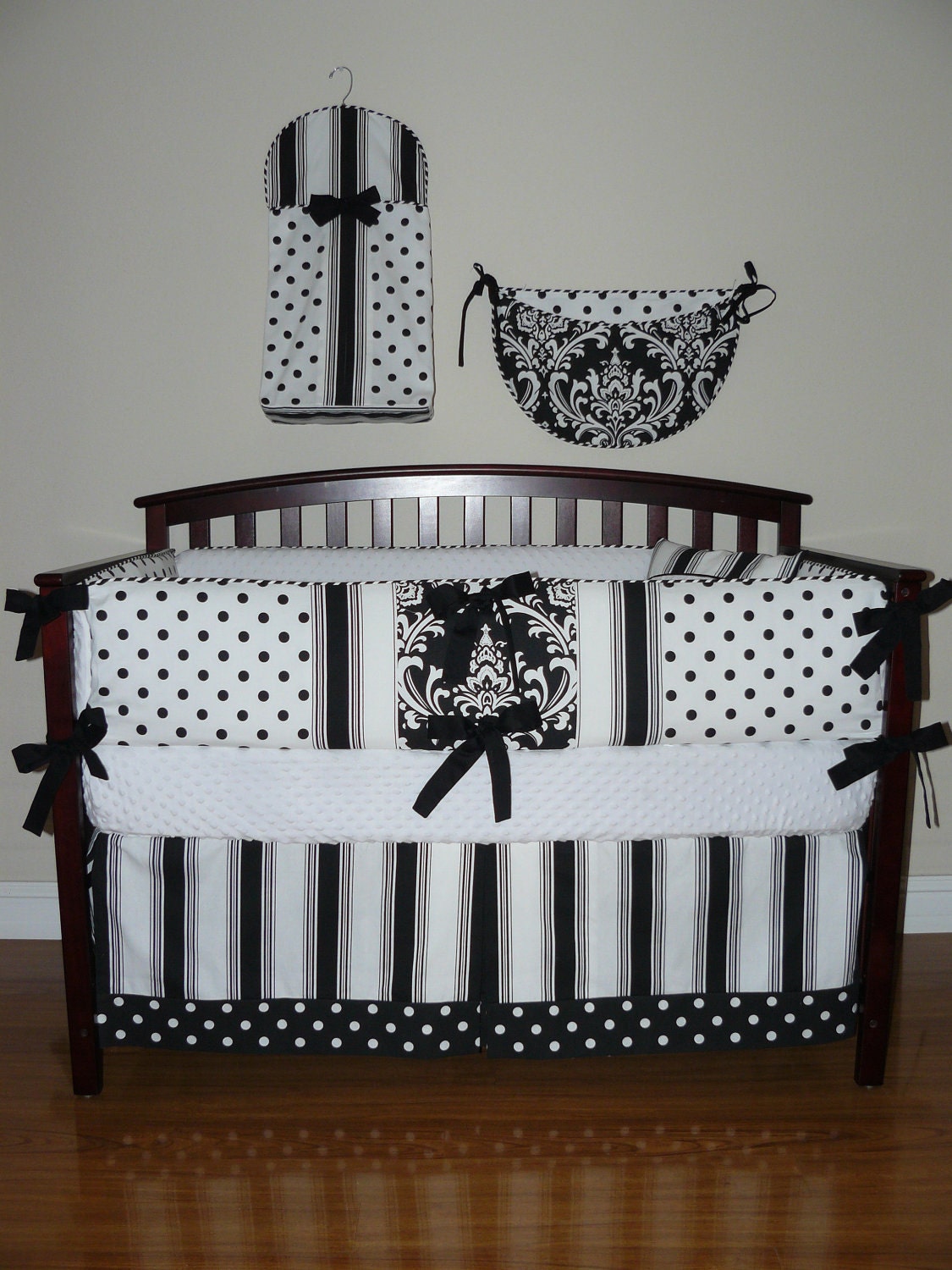 Custom Crib  Baby Bedding 5pc. Set , Black and White ,  Pearl Collection.