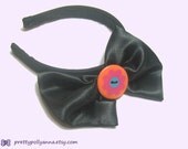 CLEARANCE - Kitsch Large Glossy Black Satin Bow Headband & Neon Flower Button