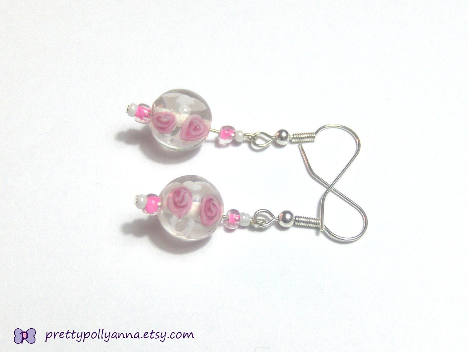 Mori Girl Floral White & Pink Rose  Glass Bead Dangle Earrings
