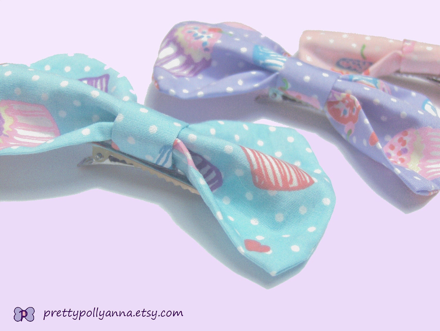 Kawaii / Sweet Lolita / Fairy Kei Pastel Cupcake Print Fabric Bow Alligator Hair Clip - Set of 3