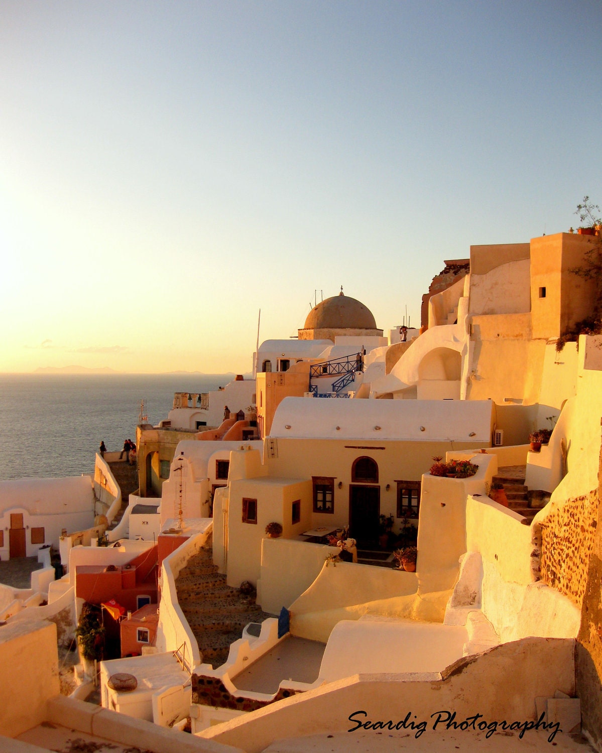Santorini, Greece. Sunset. Island. Gold. 8"x10" Photograph. White. Yellow. Blue. Sea.Other sizes Available. Travel Photography.