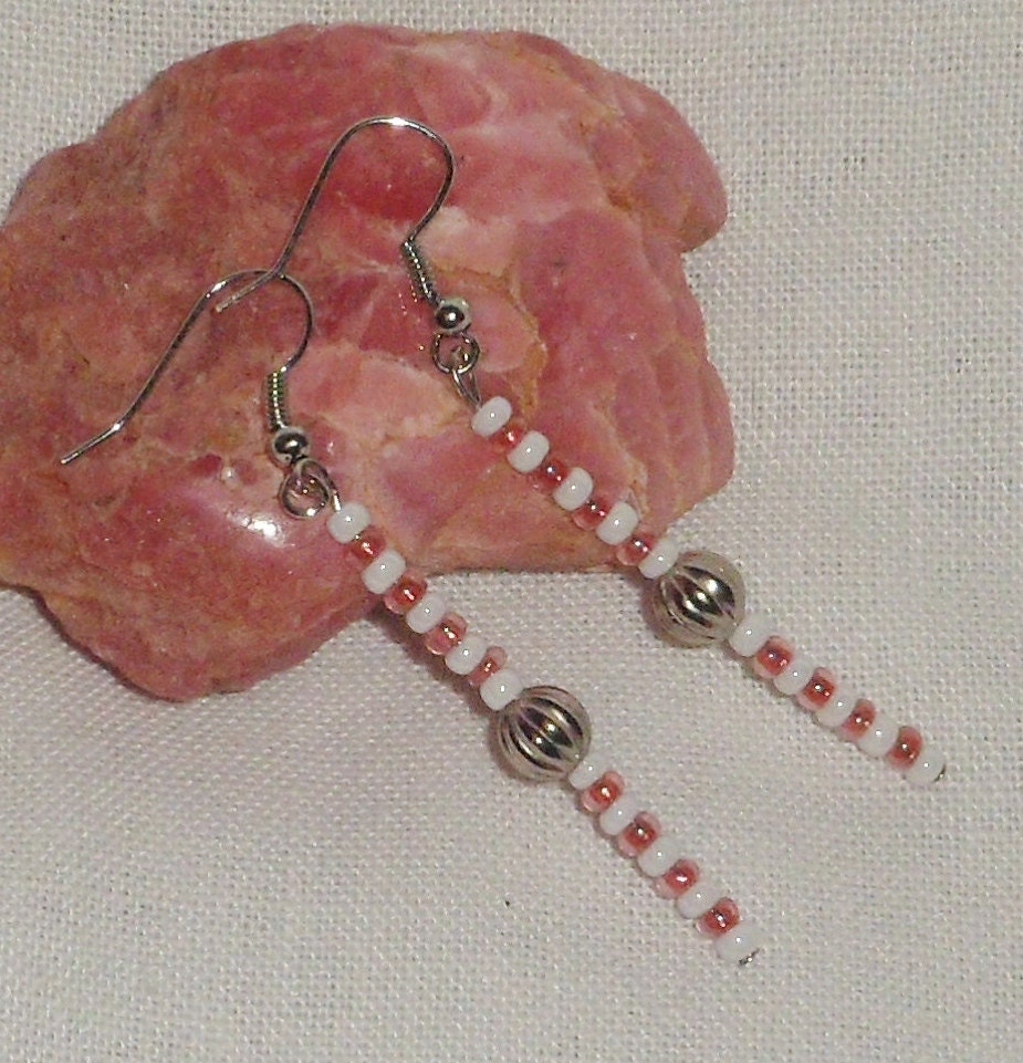 Pink & white Czech glass beads ear-rings accented with silver bead