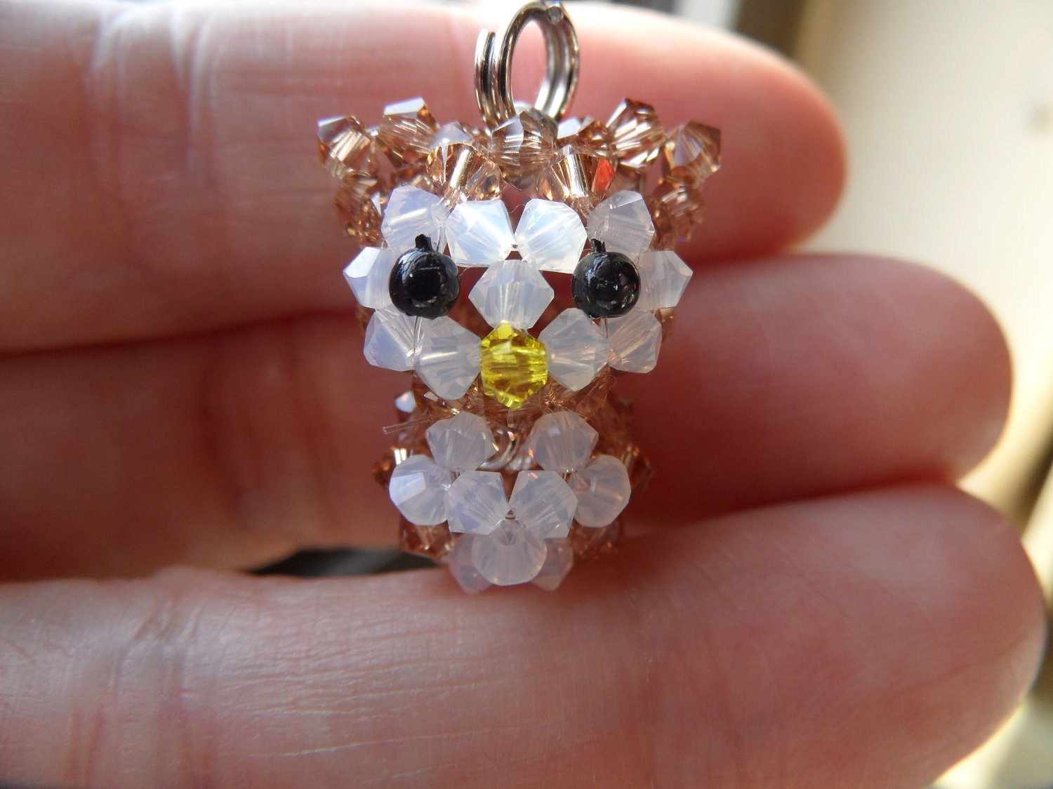 Miniature Light Smoked Topaz Owl - Swarovski Crystal Beaded Pendant Top / Cell Phone Charm