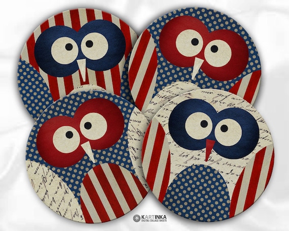 PATRIOTIC OWLS 4th Fourth JULY 4 inch and 3.8 inch Circles Digital Collage Sheet Printable for Coasters Magnets Greeting Cards