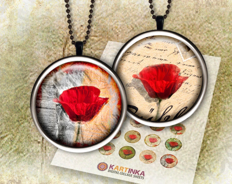 POPPIES - 1 inch circles -  Digital Collage Sheet - Printable Download - for pendants magnets (available 7/8x7/8 inch)