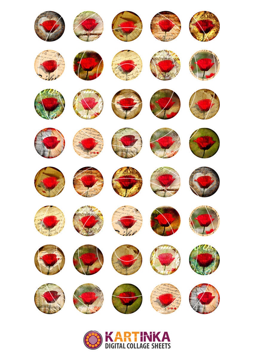 POPPIES - 1 inch circles -  Digital Collage Sheet - Printable Download - for pendants magnets (available 7/8x7/8 inch)
