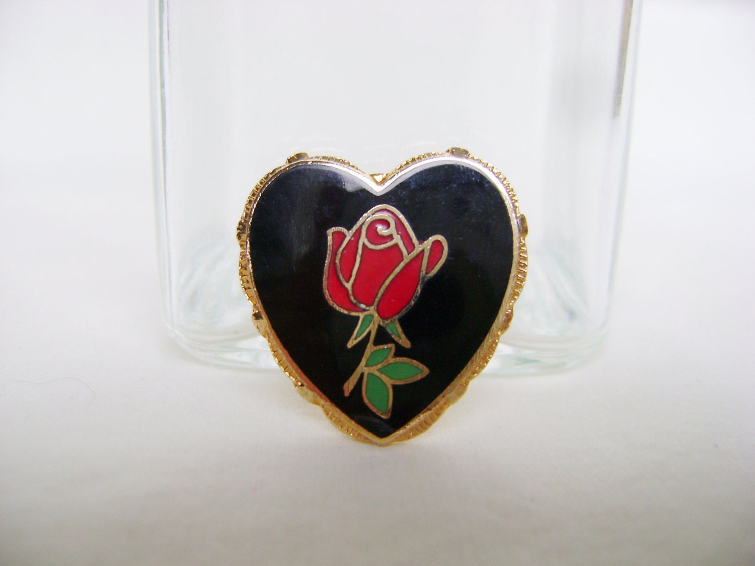 Vintage Rose Brooch - 1980s Gold Tone with Red & Black Enamel Inlay