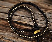 DOUBLE Gold beaded chain wrap bracelet: Leather/cord color- BLACK / BROWN