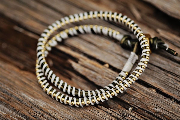DOUBLE Gold beaded chain wrap bracelet: Leather/cord color-GREEN / CREAM