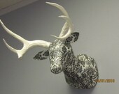 Faux Taxidermy Deer Head -  ivory antlers with Damask
