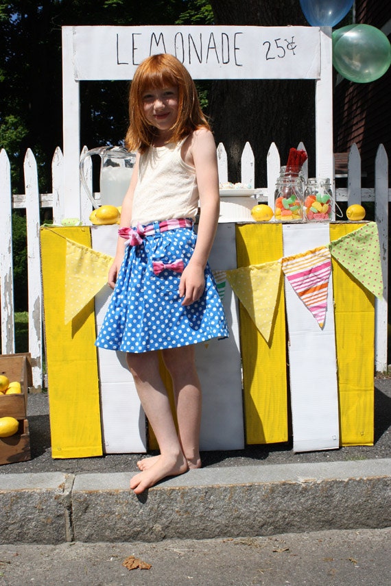 Sale Toddler Girls Babies Summer Skirt  -Cobalt Blue Polka Dot with Pink and White Gingham Check Plaid Belt and Bow