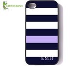 iPhone 4 Case - Dark Navy Nautical Stripe with Violet - Monogrammed, Personalized iPhone 4 Case