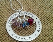 Personalized Necklace- Hand Stamped Mother Necklace-Family Necklace-Silver Washer Swarvoski Crystal Birthstones by Stamped Evermore