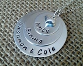 Hand Stamped Mom/Grandmother Necklace - Personalized Family Necklace - 3 Sterling Silver Discs and Puffy Heart Charm