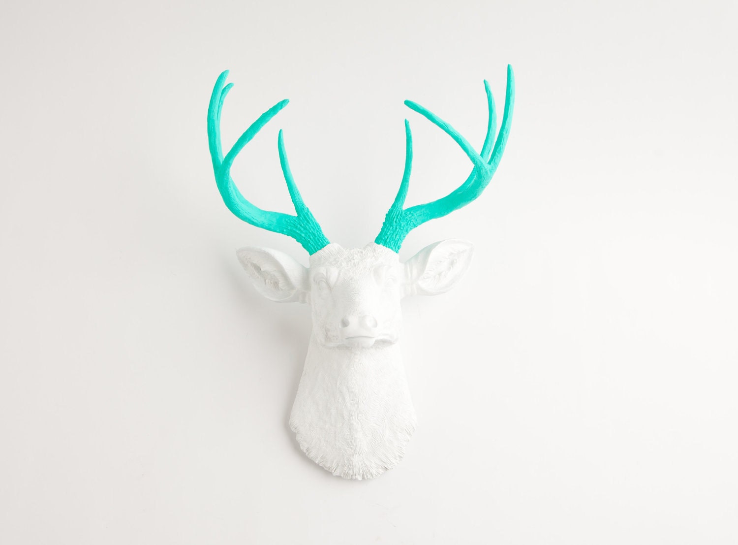 Faux Taxidermied - The Oleg - White W/ Turquoise Antlers Resin Deer Head- Stag Resin White Faux Taxidermy