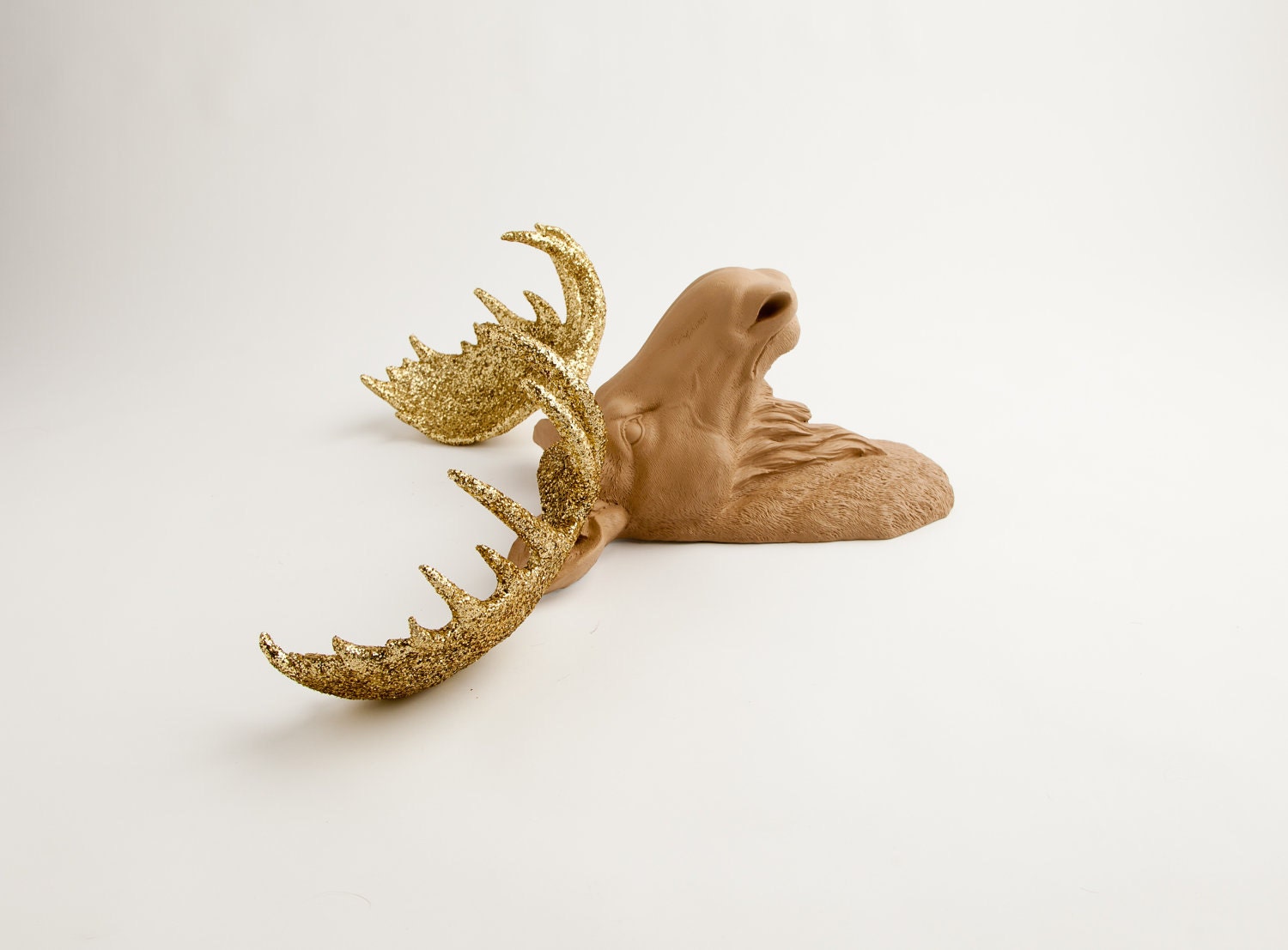 MooseHead Mount - The Oscar - Tan w/ Gold Glitter Antlers Resin Moose Head- Moose Resin Tan Faux Taxidermy- Chic & Trendy