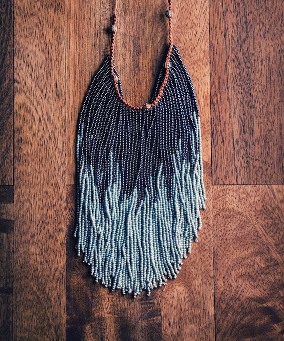 Bead Fringe Bib Necklace - Navy Blue Tribal Necklace - Navajo Style - Native American Fashion - Handmade Artisan Jewelry