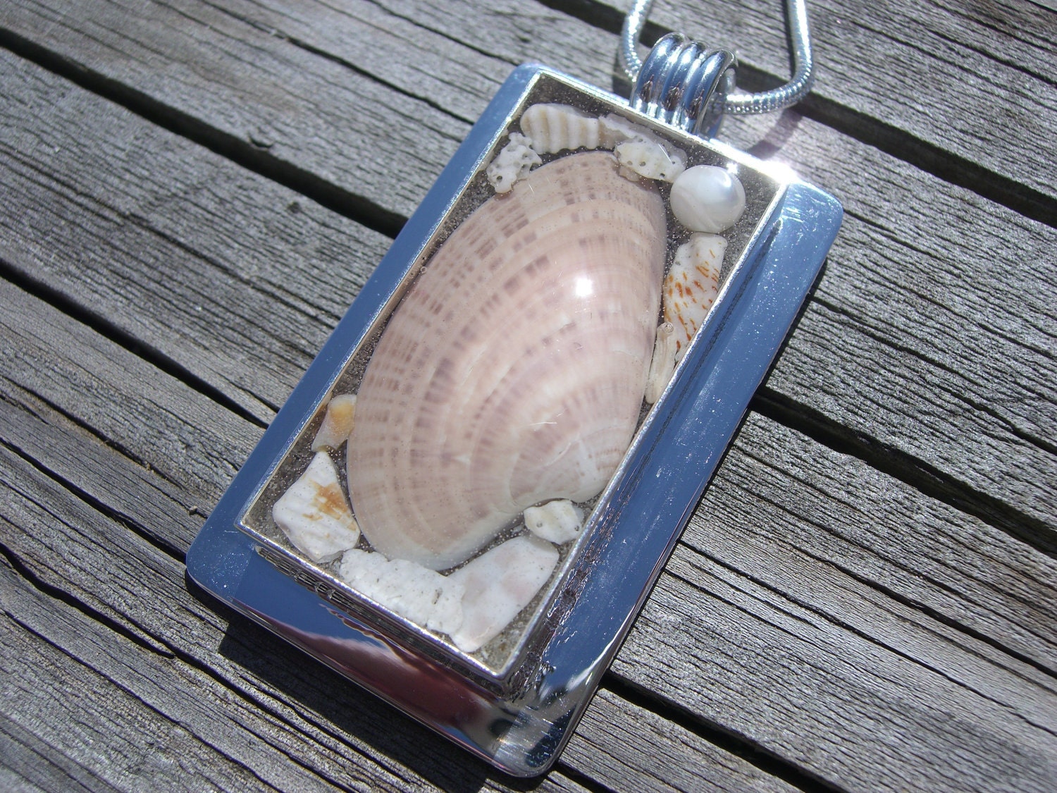 Sea Shell Pendant Necklace - Sterling Silver & Resin - Rectangle