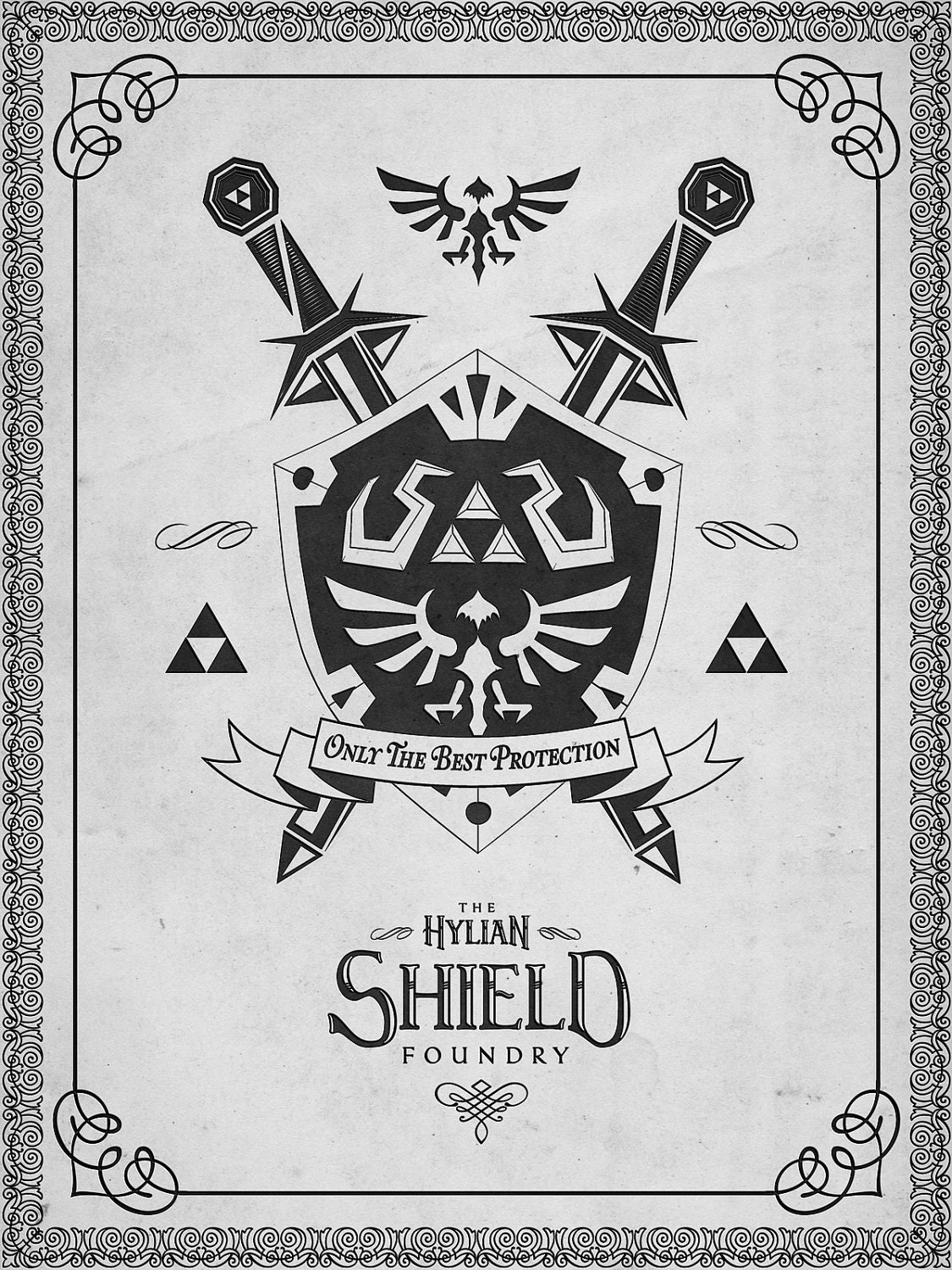 Legend of Zelda Letterpressed Hylian Shield Logo Print - signed museum quality giclée fine art print 16" x 20"