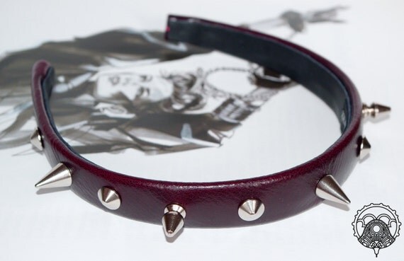 Burgundy studded leather headband