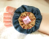 Blue Jean Baby Tootsies Handmade Baby Barefoot Sandals with Cute Yo-Yo and Matching Embelishments One Pair